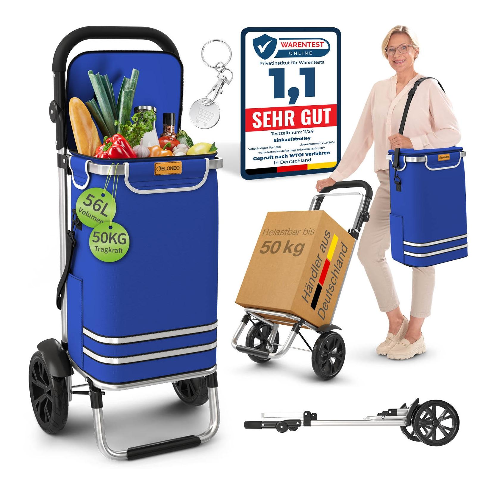 ELONEO Einkaufstrolley klappbar, Einkaufswagen mit Kühlfach, 3in1 Trolley, Shopping Trolley 56L & Umhängetasche - Blau