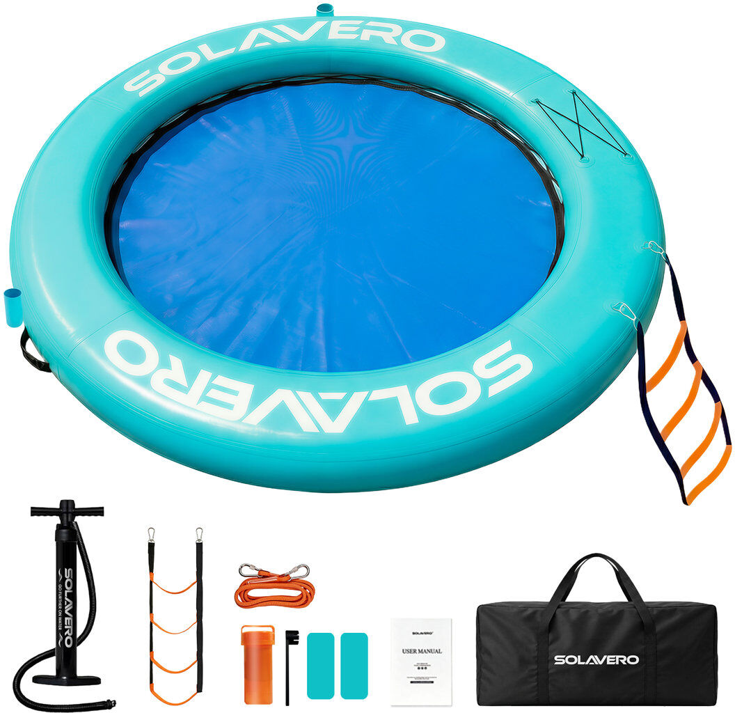 DLONGONE 244CM Round Inflatable Water Floating Platform, 3-4 Person Inflatable Swim Raft With Comfortable Center Mesh, Non-Slip Ladder, Cup Holders, Pump, Repa Blue 15cm H X 244cm W X 244cm D