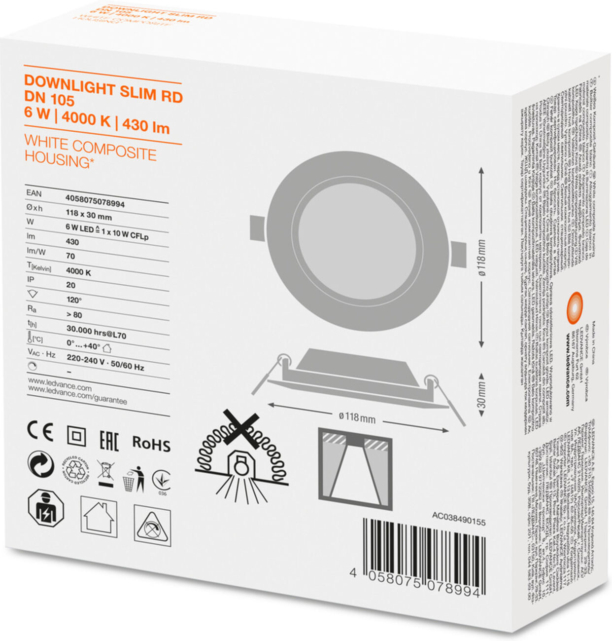 Ledvance LED Downlight DLSLIMDN1056W/4000K, IP20, 4058080000000 (4058075078994)