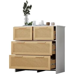 Rattanschrank 80x38x80 4 Schubladen Stauraum Schlafzimmer Wohnzimmer Flur MDF Massivholzgriffe Natur Weiß