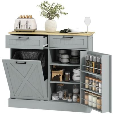 Kodotan sofa Tilt Out Trash Can Cabinet, 10 Gallon Farmhouse Kitchen Cabinet with Hidden Trash Can and 2 Drawers for Laundry Room