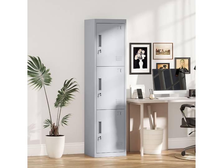 HOMCOM Armoire Bureau Acier 3 Portes Serrure 45x38x180 cm Gris