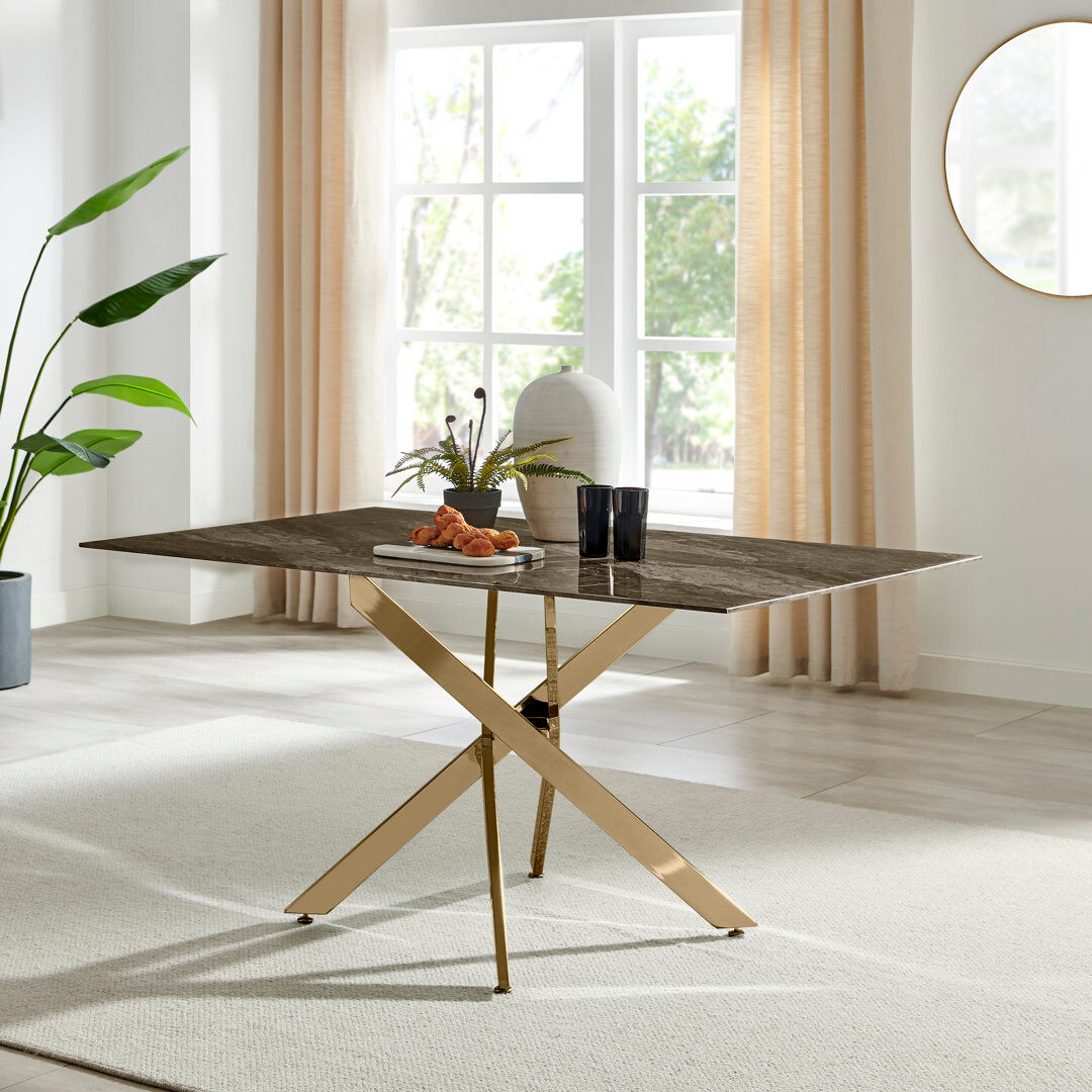 Canora Grey Lenworth Luxury Marble Effect Glass 6 Seater Dining Table - Modern Statement Design Gold/Grey