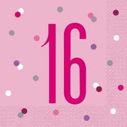 16 Servietten rosa & silber Zahl 16