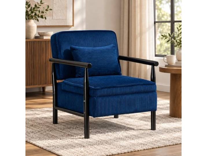 Loungesessel aus Samtstoff, Polstersessel mit Holzrahmen, Blau Mit verstecktem Stauraum, Lendenkissen und weichem geripptem Samtstoff – für Wohnzimmer, Schlafzimmer und Leseecke