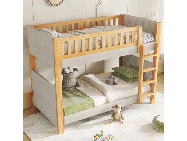 Lit superposé enfant - 90x200 cm - Gris+Naturel - Protection anti-chute - Bord en mousse anti-collision