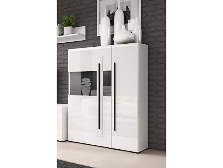 Lomadox Highboard Vitrine weiß Hochglanz modern mit Absetzungen in schwarz, B/H/T: ca. 90/136/39 cm