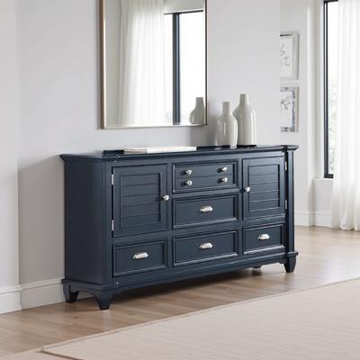 Benjara Zeny Wide Dresser, 5 Drawers, 2 Door Cabinets, Slate Blue Solid Wood
