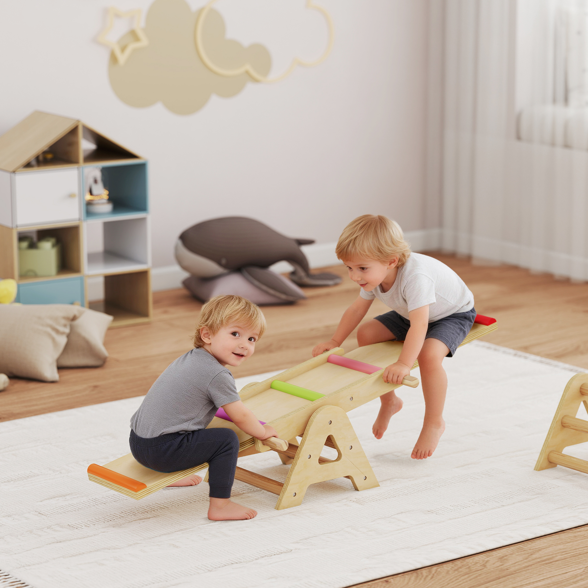 Aiyaplay Altalena da Giardino per bambini 2-in-1 con Trave in Legno e Tavola di equilibrio, 133x38x24 cm, Multicolore   Aosom Italy
