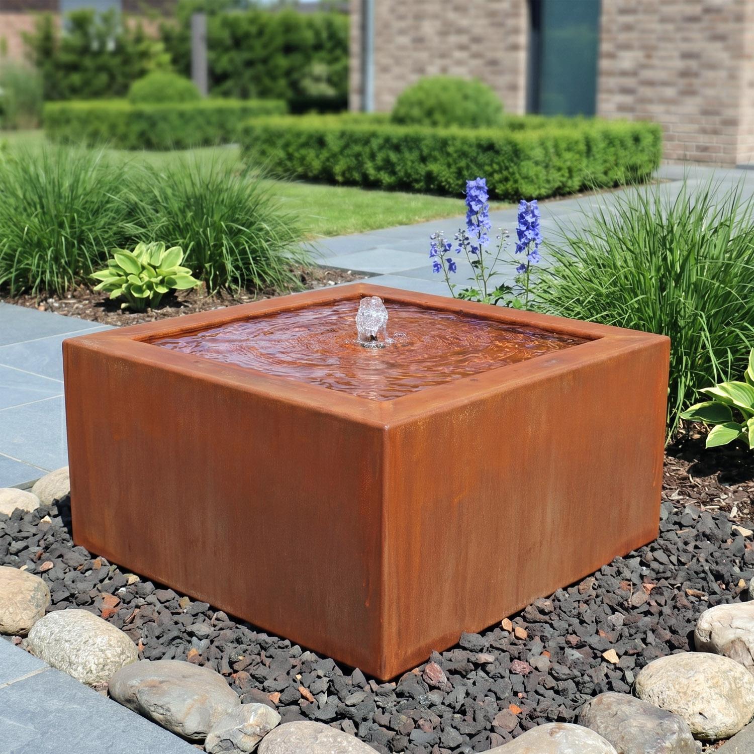 CLGarden Cortenstahl Brunnen Quadro Quellbrunnen für Garten & Terrasse Set mit LED Beleuchtung, Viereckig, natürliche Rost Optik