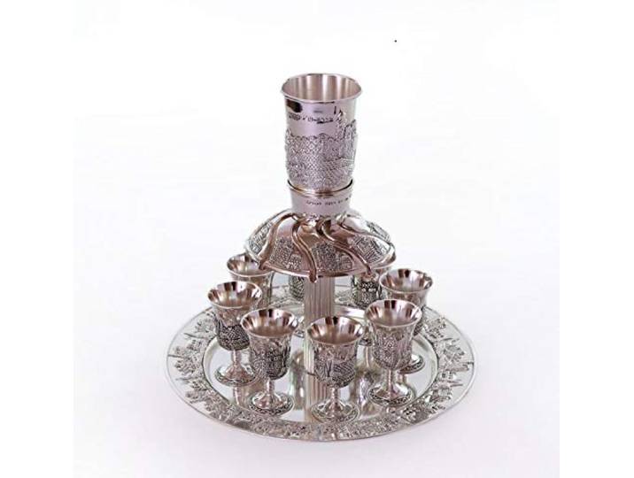 Cohen Tsemach Judaica Weinbrunnen Kiddush & 8 Kelche versilbert