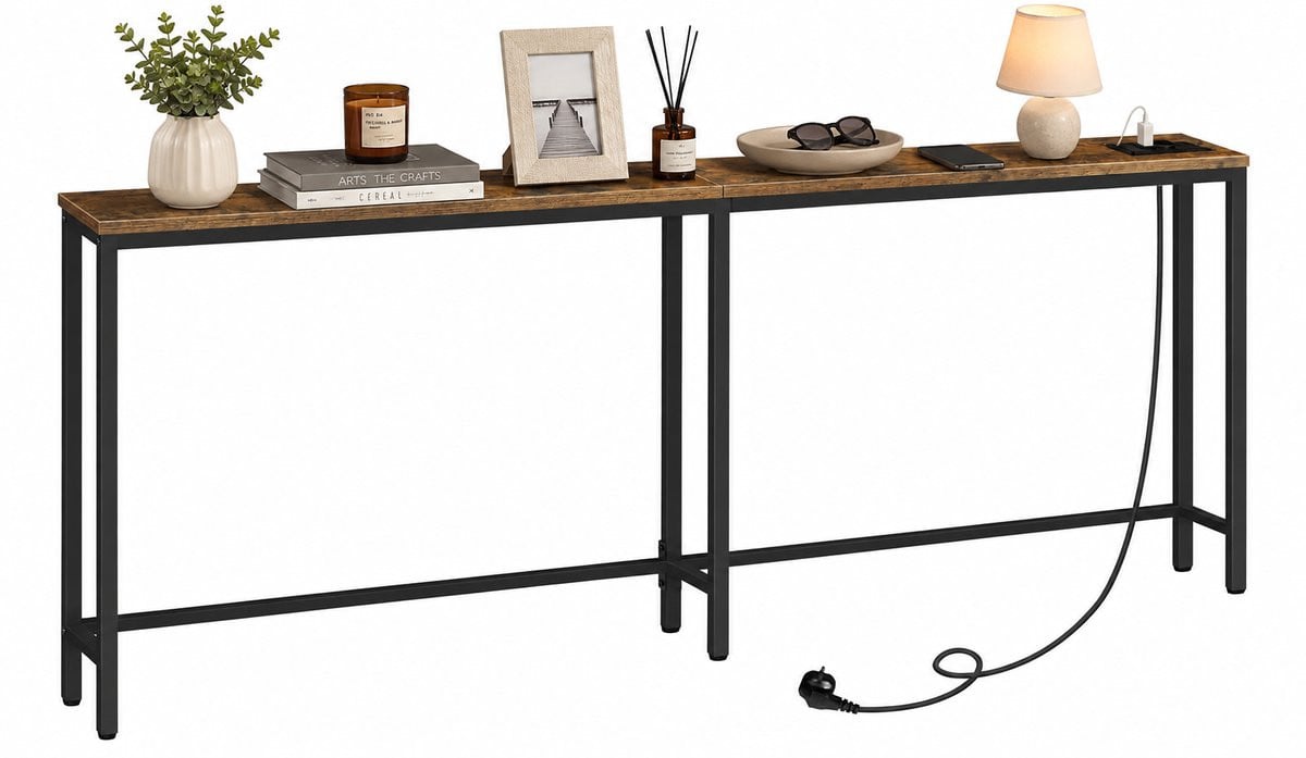 Signature Home Consoletafel met Stopcontact - Smalle Sidetable en Bijzettafel - Vintage Bruin/Zwart - Breedte: 160 cm