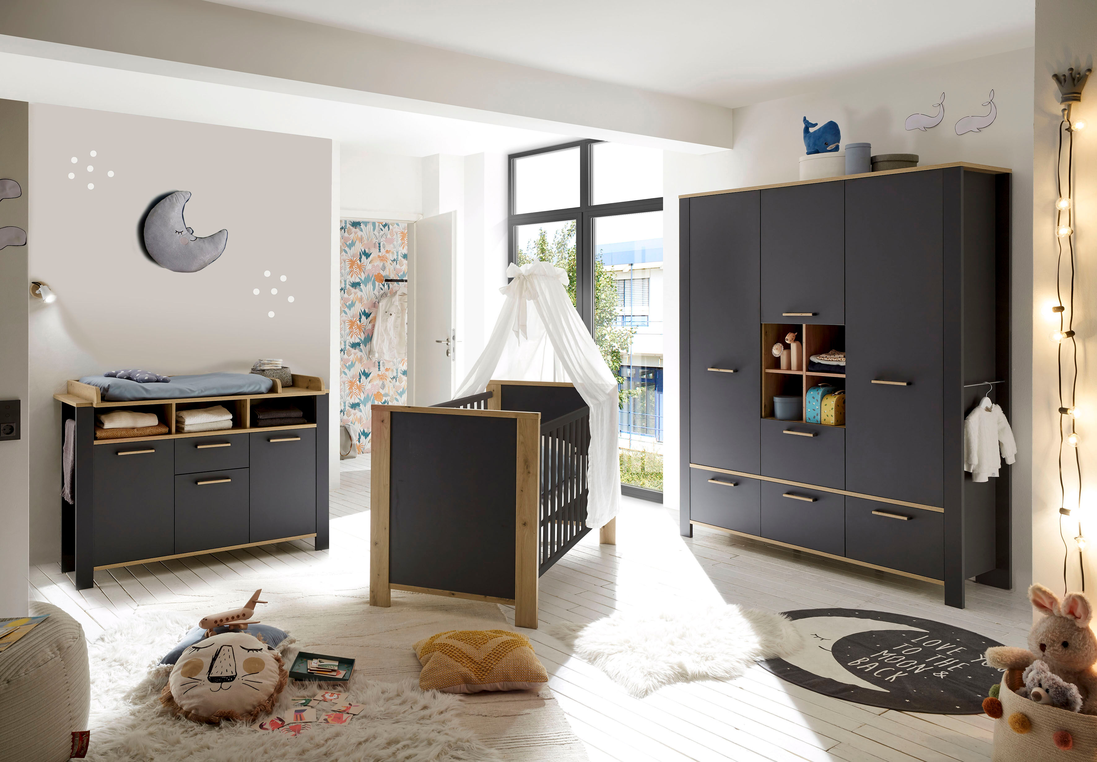 Babymöbel-Set MÄUSBACHER "Tom", schwarz (anthrazit matt, asteiche), Wiko/Bett/Kleiderschrank, B/H: 70cm x 140cm, Wiko/Bett/Kleiderschrank, Holzwerkstoff, Schlafzimmermöbel-Sets, Babymöbel-Set anthrazit matt, asteiche Wiko/Bett/Kleiderschrank, B/H: 70cm x 