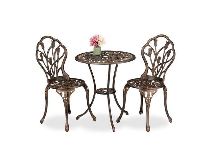 Relaxdays Salon de jardin pour 2 personnes table avec 2 chaises fonte d'aluminium design charmant noir et bronze