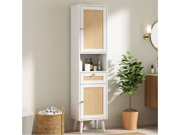 SENVIRO Colonne de salle de bain 166 cm blanche portes en rotin tiroir