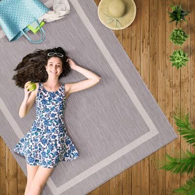 Beverly Rug Bordered Indoor Outdoor Rug, Outside Carpet for Patio, Deck, Porch - Grey