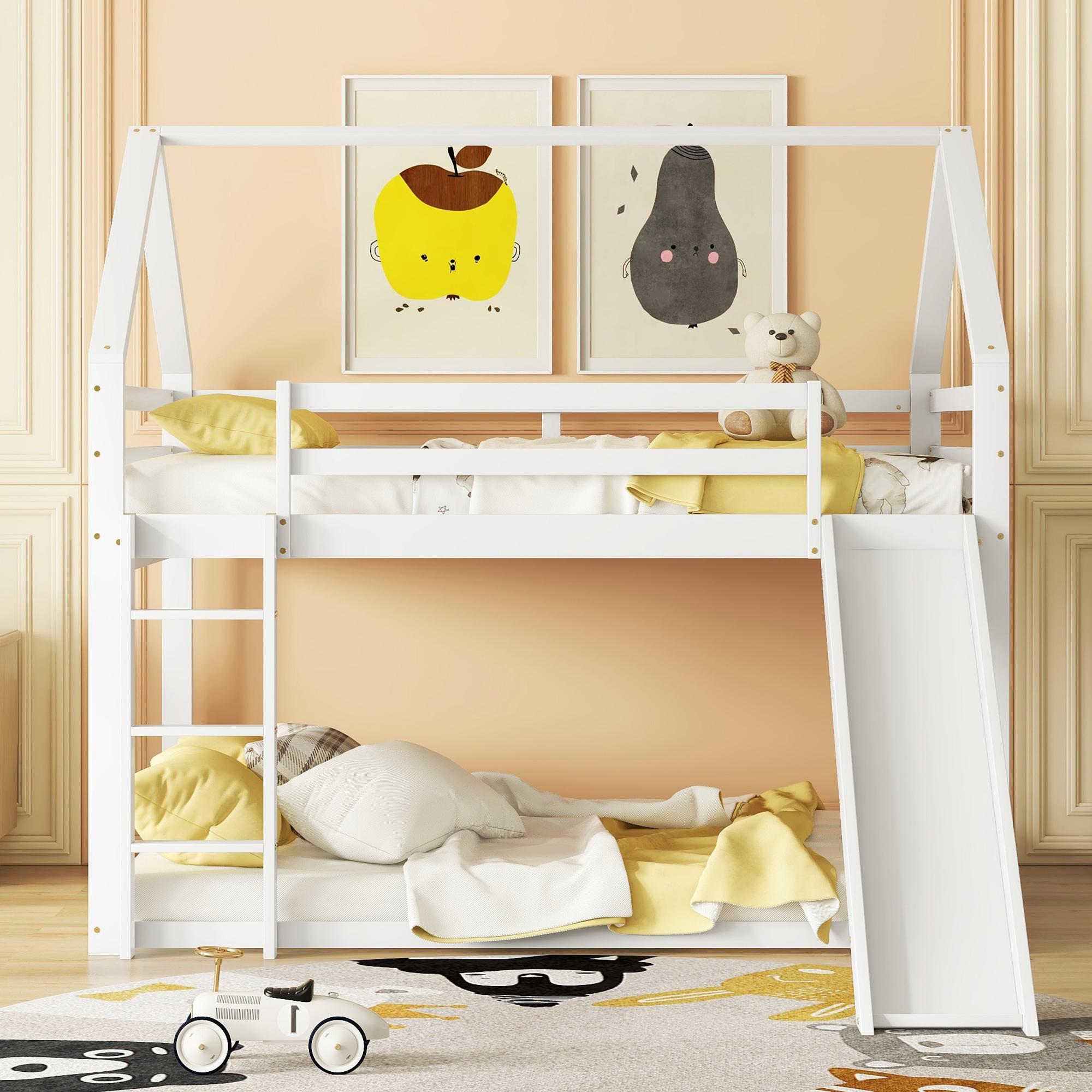 Hausbett Etagenbett mit Rutsche und Leiter 140x200 cm in Weiß aus Kiefernholz und MDF mit Lattenrost