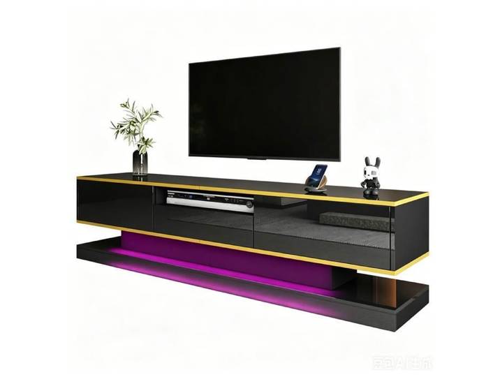 Meuble TV Moderne 3 Tiroirs Compartiment Ouvert Haute Brillance LED Couleurs Changeantes meuble bas moderne 180x38x45 cm Noir