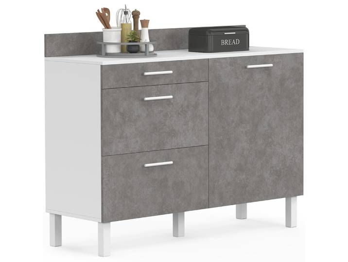 Idmarket – Buffet Bas Casserolier De Cuisine 120 Cm – Plan De Travail H. 83 Cm – 1 Porte + 3 Tiroirs – Blanc Effet Béton – Panneaux De Particules Et Pieds Métal