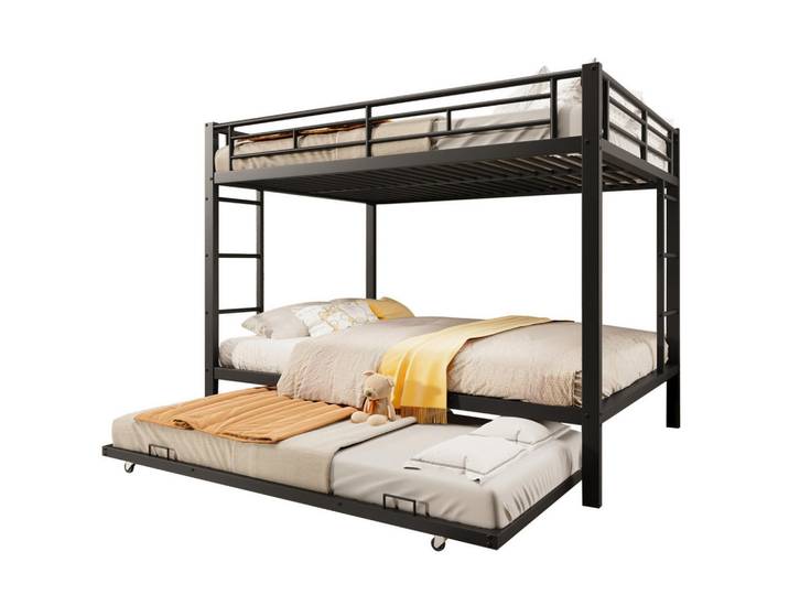 Modfu Etagenbett aus Metall 140x200 cm Schwarz mit Ausziehbett und hohen Geländern, 140x200 cm, Babymöbel & Kindermöbel, Kinderzimmer & Jugendzimmer, Stockbetten