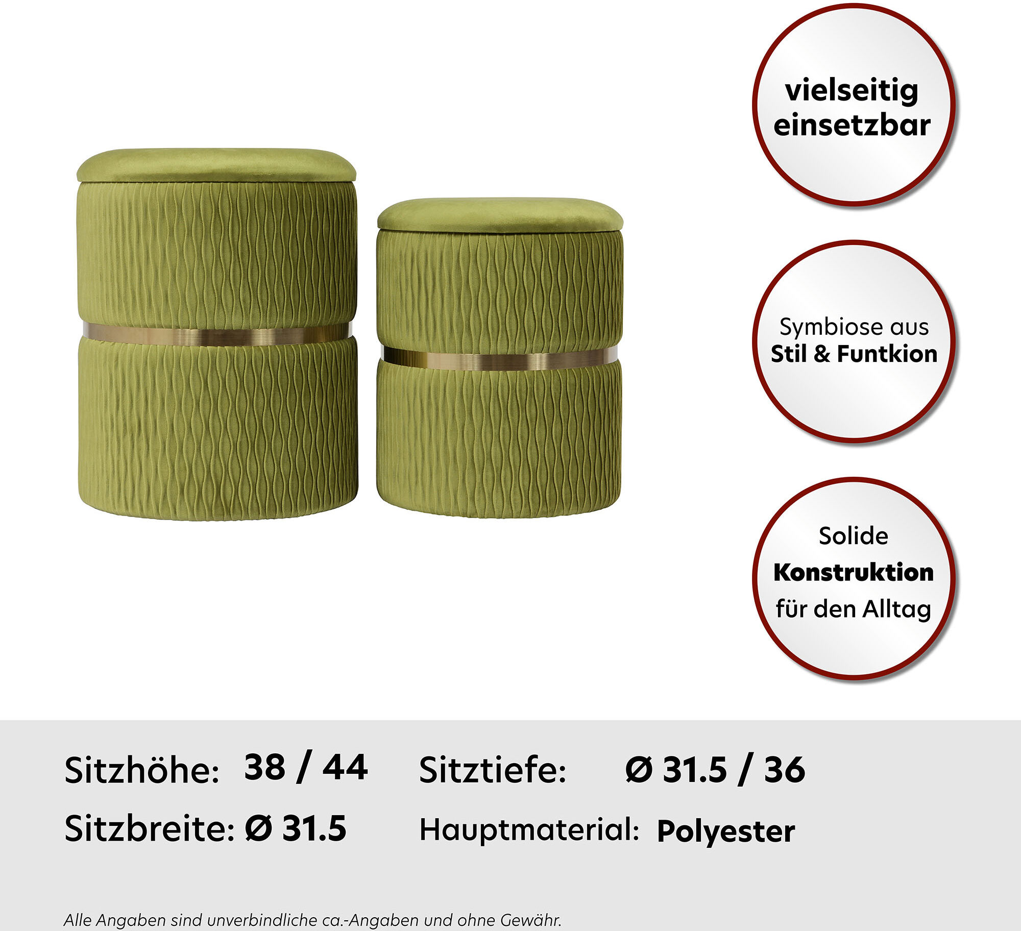 Polsterhocker KAYOOM "Hocker Zora 425 2er-Set, Praktischer und versteckter Stauraum", grün (pistachio, grün), B:31,5cm H:38cm T:36cm, Korpus:MDF Bezug:100% Polyester (Samt) Sockel:Edelstahl, Hocker, Polsterhocker, 2er-Set mit Stauraum, ineinander stapelba