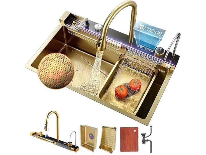 Faizee Home Wasserfall-Küchenspüle 75x45 cm – 1 Becken Nano Edelstahlspüle Gold mit Sprudelwasserhahn, 4-fach Armatur, Überlauf, Siphon, Ablaufgarnitur – modernes Spülbecken mit Zubehör