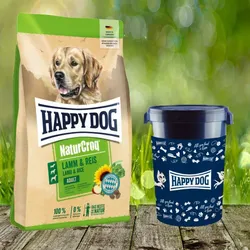 Happy Dog Premium NaturCroq Lamm und Reis 15 kg inkl. Happy Dog Futtertonne 43 Liter