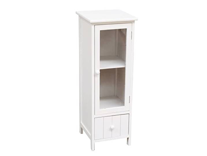 MIMBRE NATURAL Kleines Regal, 1 Schublade, weißes Holzregal mit Glasschrank und Einer Schublade mit vertikalen Linien, ideal für die Dekoration des Badezimmers zu Hause, 31 x 29 x 83 cm