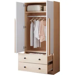 OKWISH Kleiderschrank 70x40x170 cm Holzoptik+Weiß mit Doppeltüren 2 Schubladen großem Staufach pflegeleichte Oberfläche stabile Konstruktion