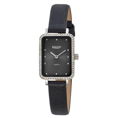 Quarzuhr REGENT, schwarz, schwarz, Armbanduhren, Damen, edelstahlfarben, Quarzuhr, Armbanduhr, Damenuhr, Lederarmband, analog, Glassteine