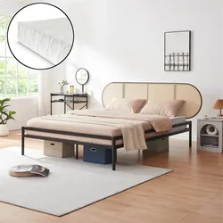 Metallbett Linköping mit ovalem Kopfteil und Matratze 160x200 cm Schwarz/Rattanoptik [en.casa]