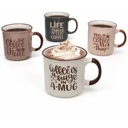 4er Set XL Kaffeebecher 700ml Jumbobecher Steingut Sprüche Rosa Braun Grau
