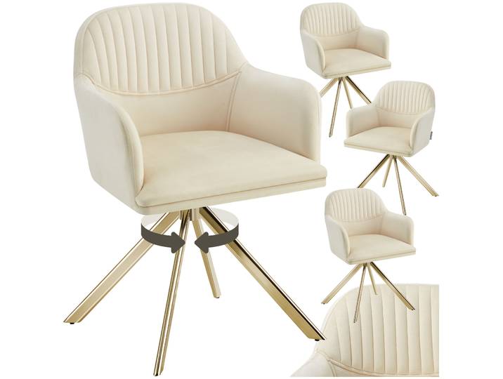 Samt-Drehstuhl Lona mit dicker Polsterung - creme/gold, 4er Set