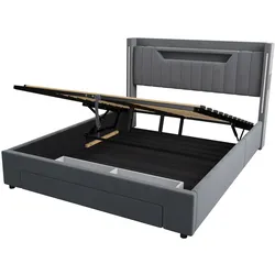 OKWISH Polsterbett Samt Dunkelgrau 140 x 200 cm mit LED-Beleuchtung, Ladefunktion und Stauraum