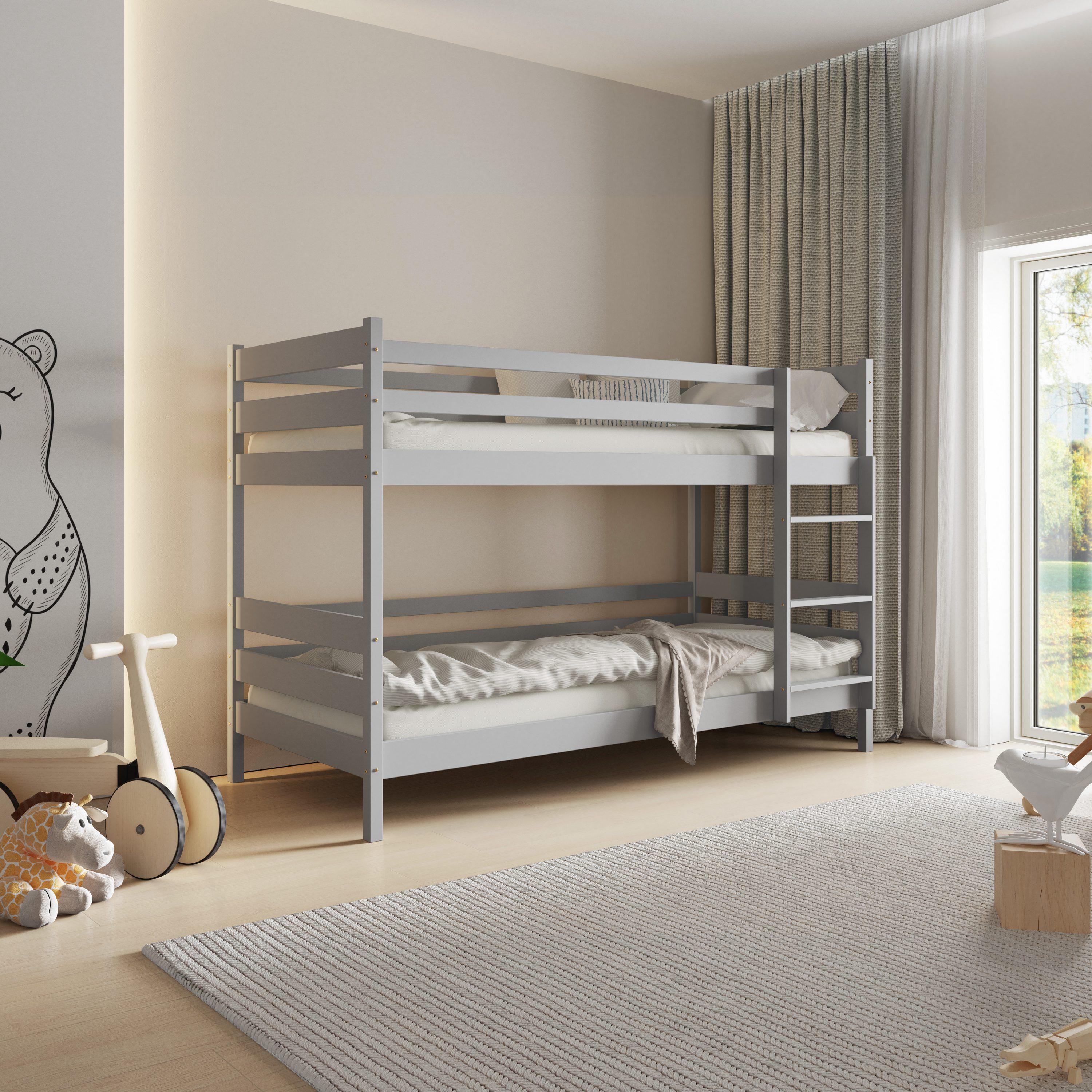 Masseno Etagenbett SIMBA 80x190 cm mit Rausfallschutz, Kinderbett mit Leiter für Mädchen und Jungs, Stockbett 2 Kinder, Holz, Hellgrau
