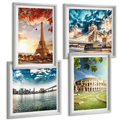 BILDER SET 4er Set - 50x50 cm & 40x60 cm Silberner Rahmen - Denkmäler Europas in warmen Farben