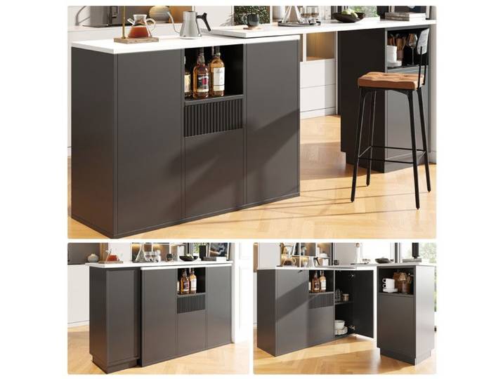 Îlot de cuisine - Bar de comptoir pivotant - Pivotant 360° - Plateau effet marbre - Rangements ouverts et fermés