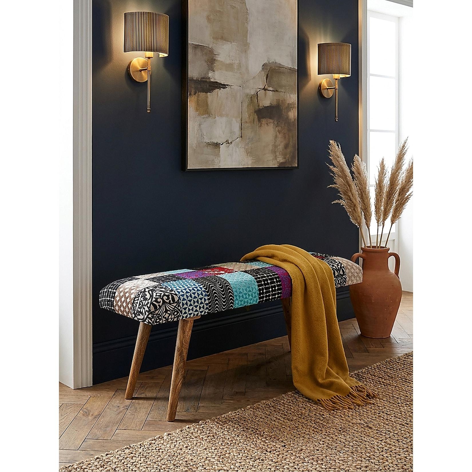 Sitzbank – Samt/Massivholz, 117x51x38 cm, Patchwork