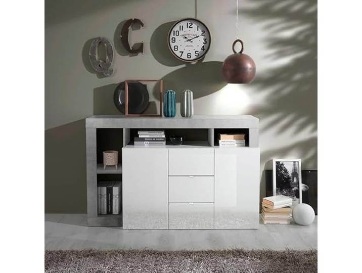 Sideboard Wohnzimmer 2 Türen 3 Schubladen weiß glänzend Beton Lavine BC