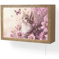 WANDLEUCHTE Kätzchen - Blumen - Schmetterlinge - Lila LED 30x20 cm Wandlampe