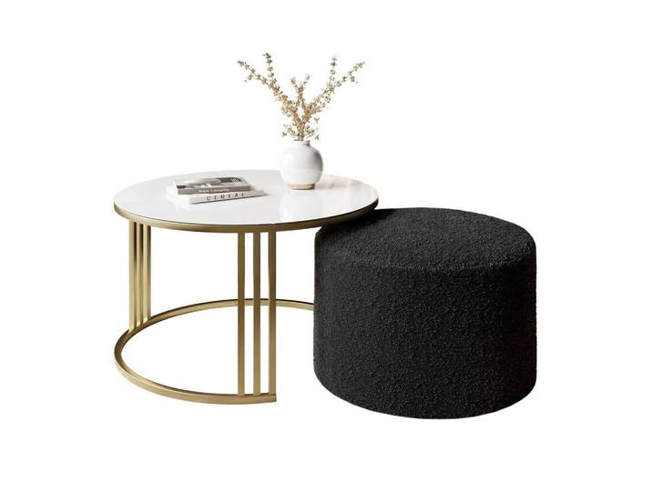 COUCHTISCH mit Hocker LORI GLASS gebürstetes Gold/weißes Glas/Coral 60