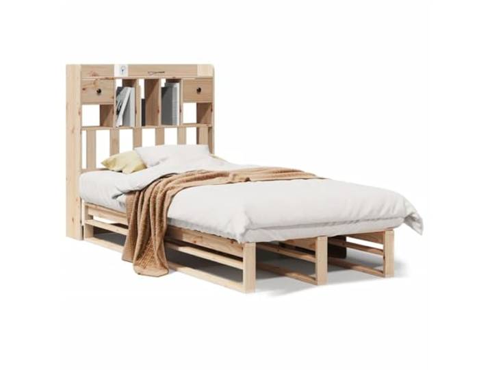 PUGYNBK Bett mit Regal ohne Matratze, massives Kiefernholz, 90 x 190 cm Lattenrost inklusive, Kopfteil mit Aufbewahrung, platzsparend, ideal kleines Schlafzimmer