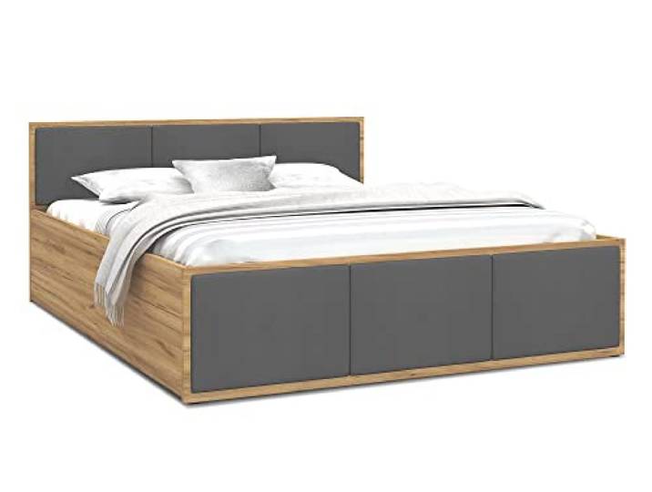 FurnitureByJDM Bett 140x200 mit Stauraum & Gepolsterte Einsätze Doppelbett mit Bettkasten und aufklappbarem Lattenrost – Stauraumbett PANAMA (Eiche Craft / Graphit Einsätze)