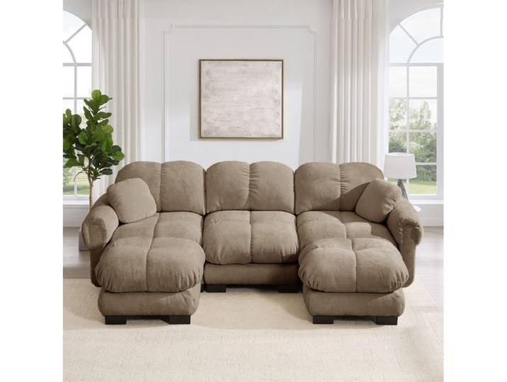 Modenuit canape modulable 3 places en U avec ottomane mobile chenille marron