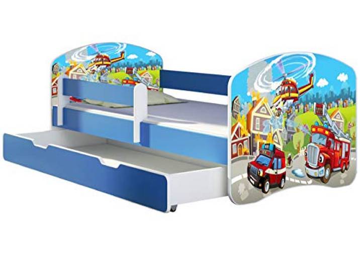 ACMA Kinderbett 140x70 cm Blau mit Bettkasten, Matratze & Lattenrost – Jugendbett mit Rausfallschutz, personalisiertes Motiv 36 Feuerwehr, Kinderzimmer, belastbar bis 120 kg