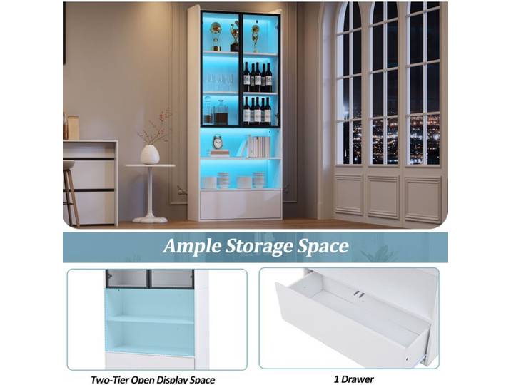 HOMVRA Vitrine haute 80 x 34 x 180 cm avec LED pilotable par application 2 portes vitrées 1 tiroir blanche