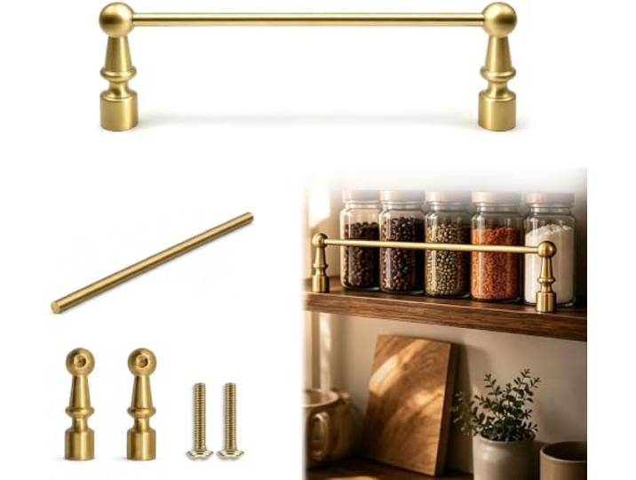 ROBAUN Massives Messing-Schutzgeländer for schwebende Regale, Anti-Fall-Schrank-Galeriestangen aus Metall, Geländer 8-60 Zoll for DIY-Regalmöbel(Brass-3pack,56in/142cm)