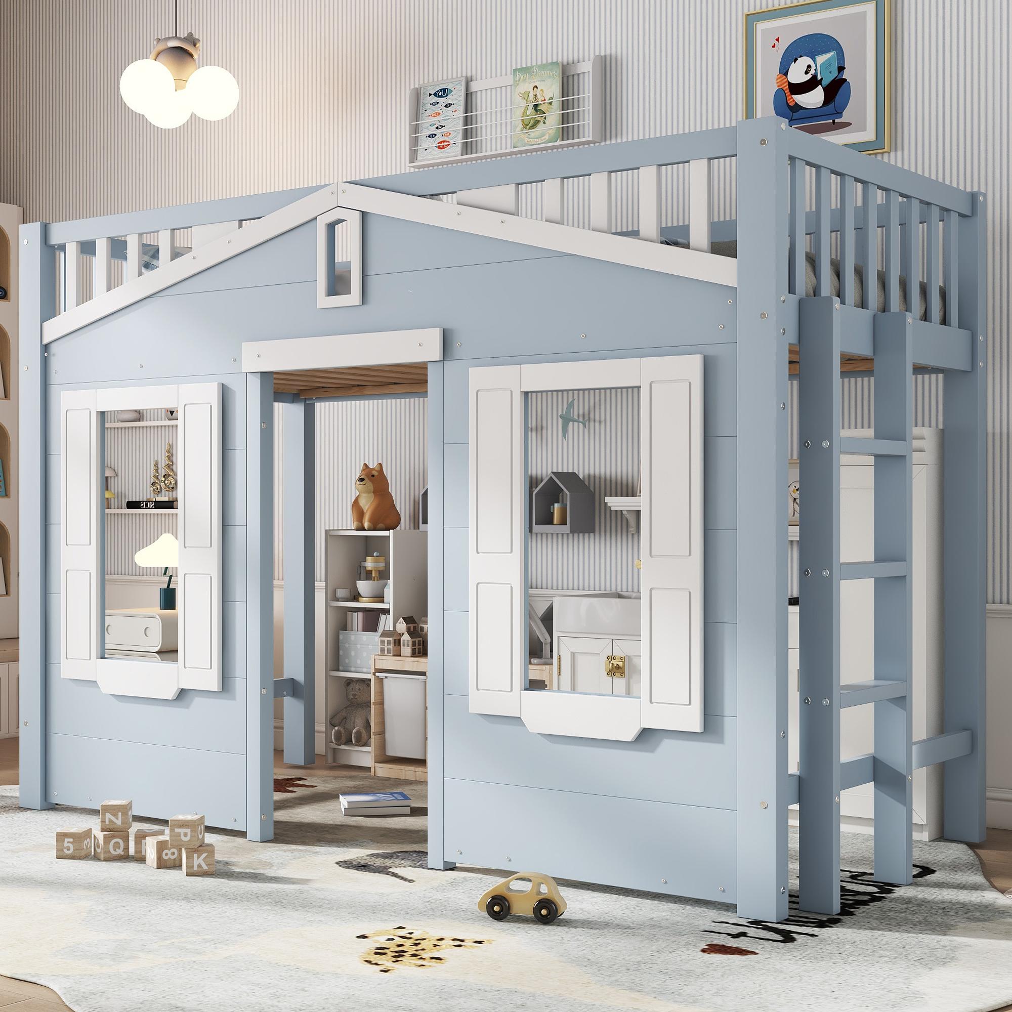 Merax Kinderhochbett Etagenbett 90x200 cm mit flexibler Treppenmontage, Hochbett mit Fensterdesign, Spiel- und Stauraum unten, stabile Leiter, Blau