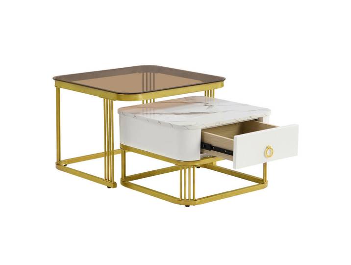Redom Couchtisch-Set, MDF Hochglanz-Marmoroptik, Goldakzente, mit Schublade, 60/60/42,5 + 50/50/34 cm, Weiß und Gold und Teebraun, Braun, 60x42.5x60 cm, Wohnzimmer, Wohnzimmertische, Couchtische