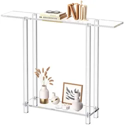 VEVOR Konsolentisch Acryltisch Beistelltisch mit 2 Ebenen und offenem Stauraum unten, moderner rechteckiger Beistelltisch, transparenter Eingangstisch für Foyer, Flur, 19,3 x 100 x 80 cm (klar)